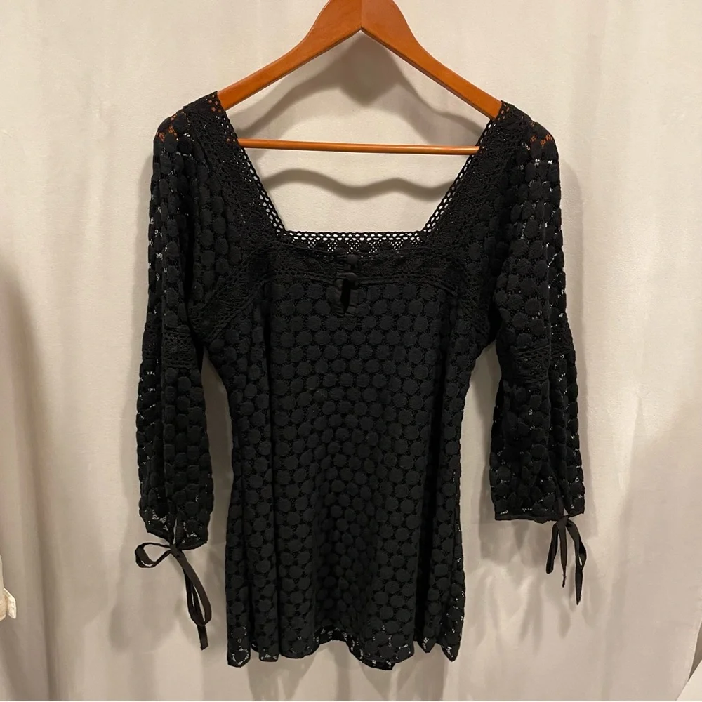 Witchy whimsigoth crochet lace square neck 3/4 tie sleeve blouse boho fairy